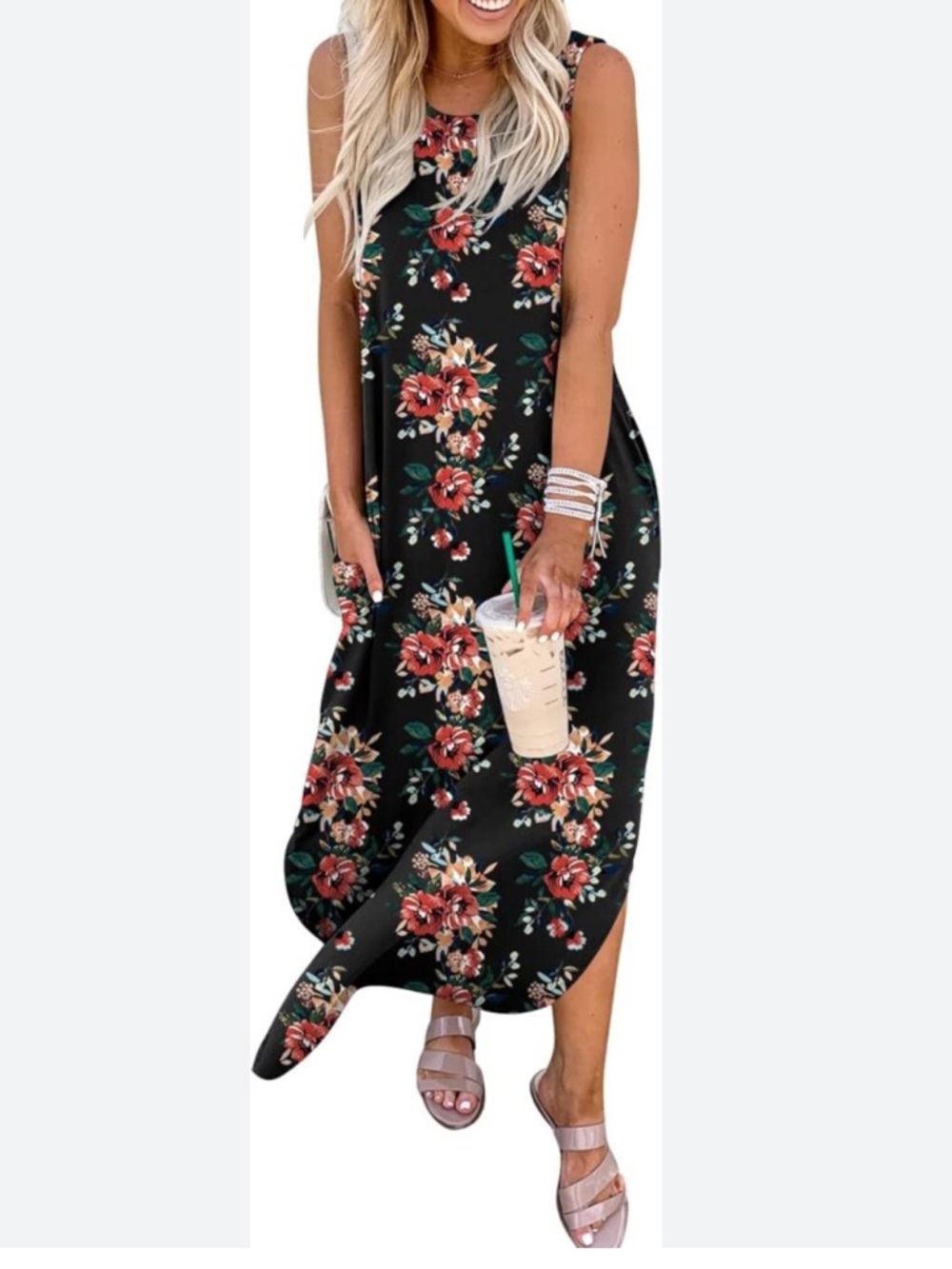 Anrabess Floral Maxi Pocket Dress in Black with Red - XL